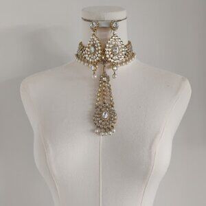 Gold Tone Rhinestone Faux Pearl Costume Party Wedding Indian Jewelry Set